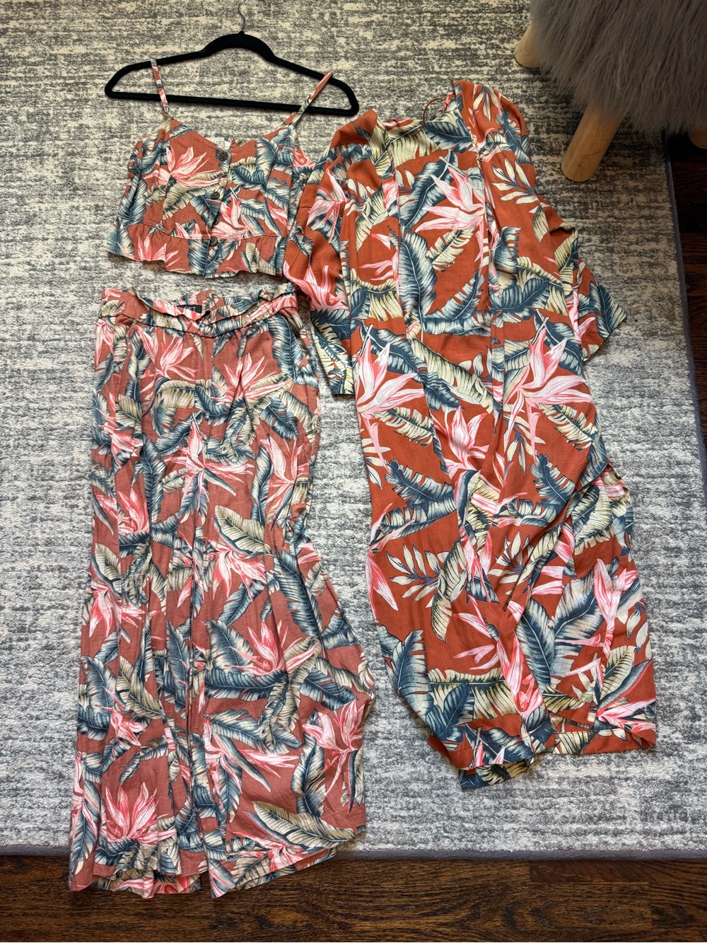 Tropical Print Wide-Leg Crop Top Set - Rust Floral